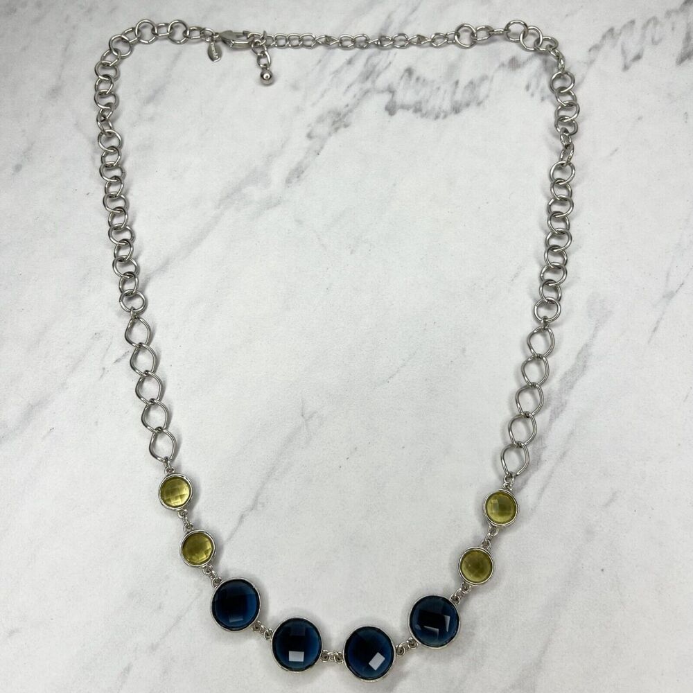 Chico's Silver Tone Blue Yellow Rhinestone Chain Link Necklace